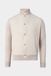 Vue sur fond blanc d'un blouson bi matière col montant boutonné en beige pour la mi-saison