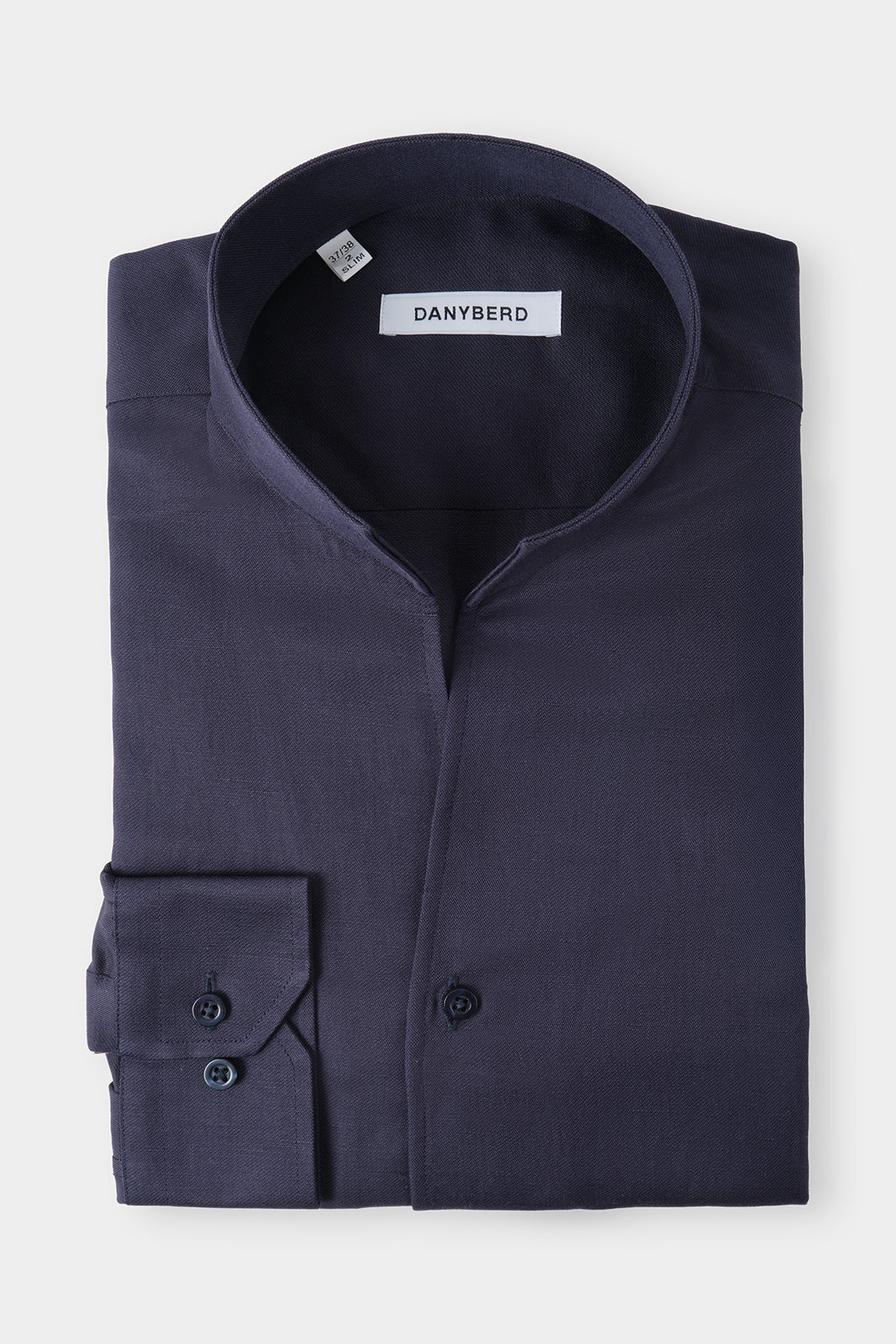 Chemise cintré en col indien en lin et soie couleur marine 
