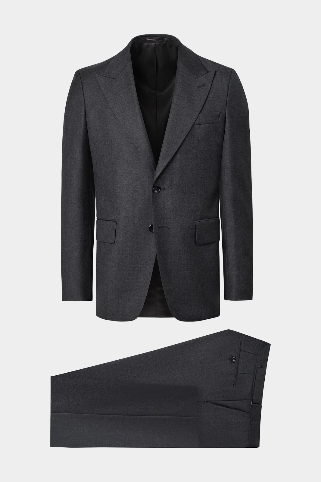 Vue sur fond blanc d'un costume revers flèche et pantalon patte de serrage couleur Gris anthracite. Tissu en 100% laine italienne de chez Vitale Barberis Canonico.
