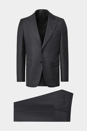 Vue sur fond blanc d'un costume revers flèche et pantalon patte de serrage couleur Gris anthracite. Tissu en 100% laine italienne de chez Vitale Barberis Canonico.