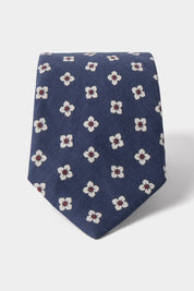 Cravate en soie et lin – Bleu à motifs fleurs blanches et marrons
