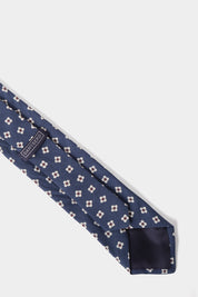 Cravate en soie et lin – Bleu à motifs fleurs blanches et marrons