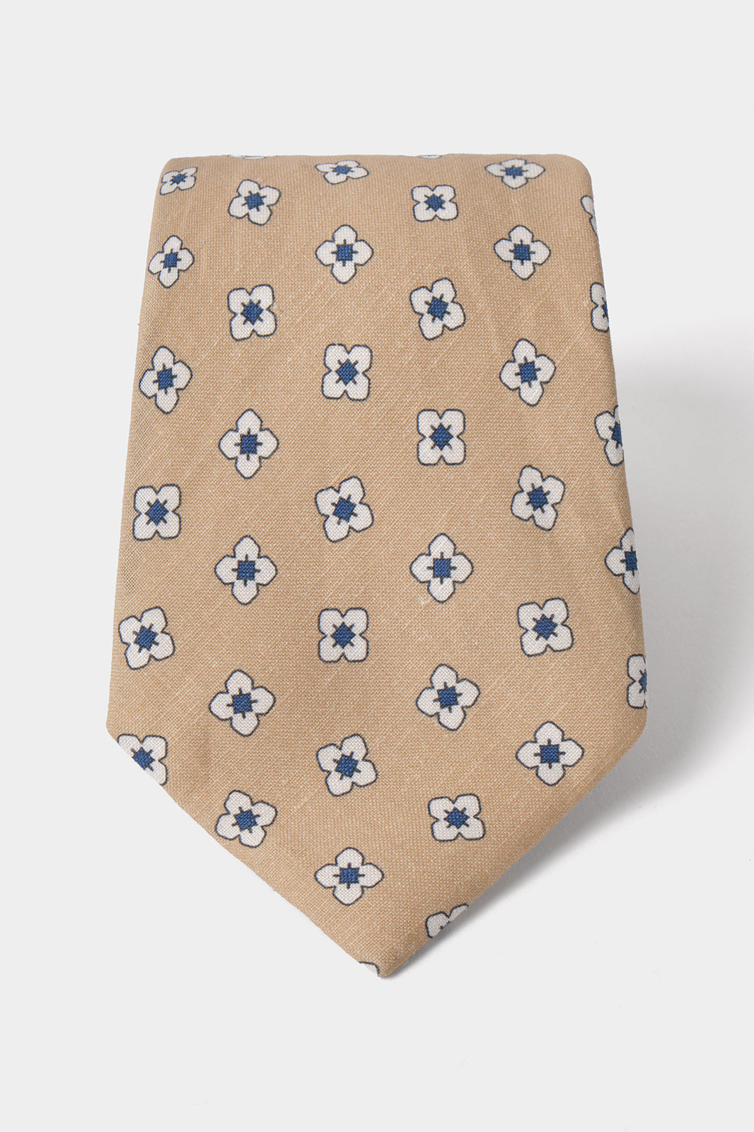 Cravate en soie et lin – Sable à motifs fleurs blanches et bleues
