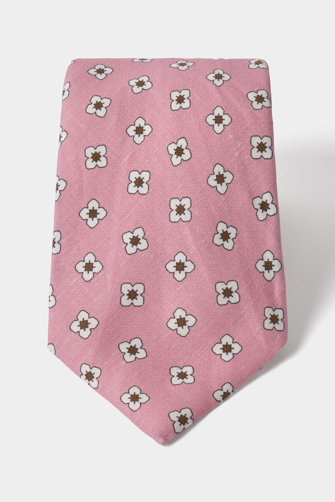 Cravate en soie et lin –  Rose à motifs fleurs blanches et marron