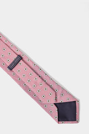 Cravate en soie et lin –  Rose à motifs fleurs blanches et marron