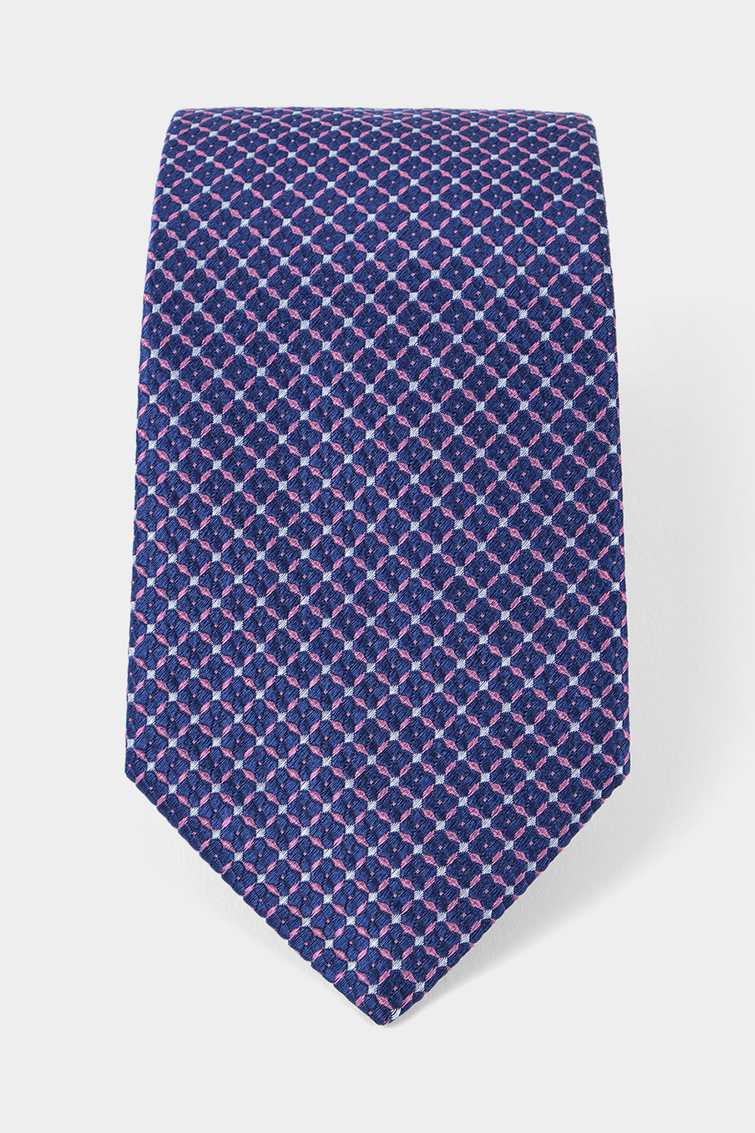 Cravate 100% soie - Bleu à motifs géométriques roses