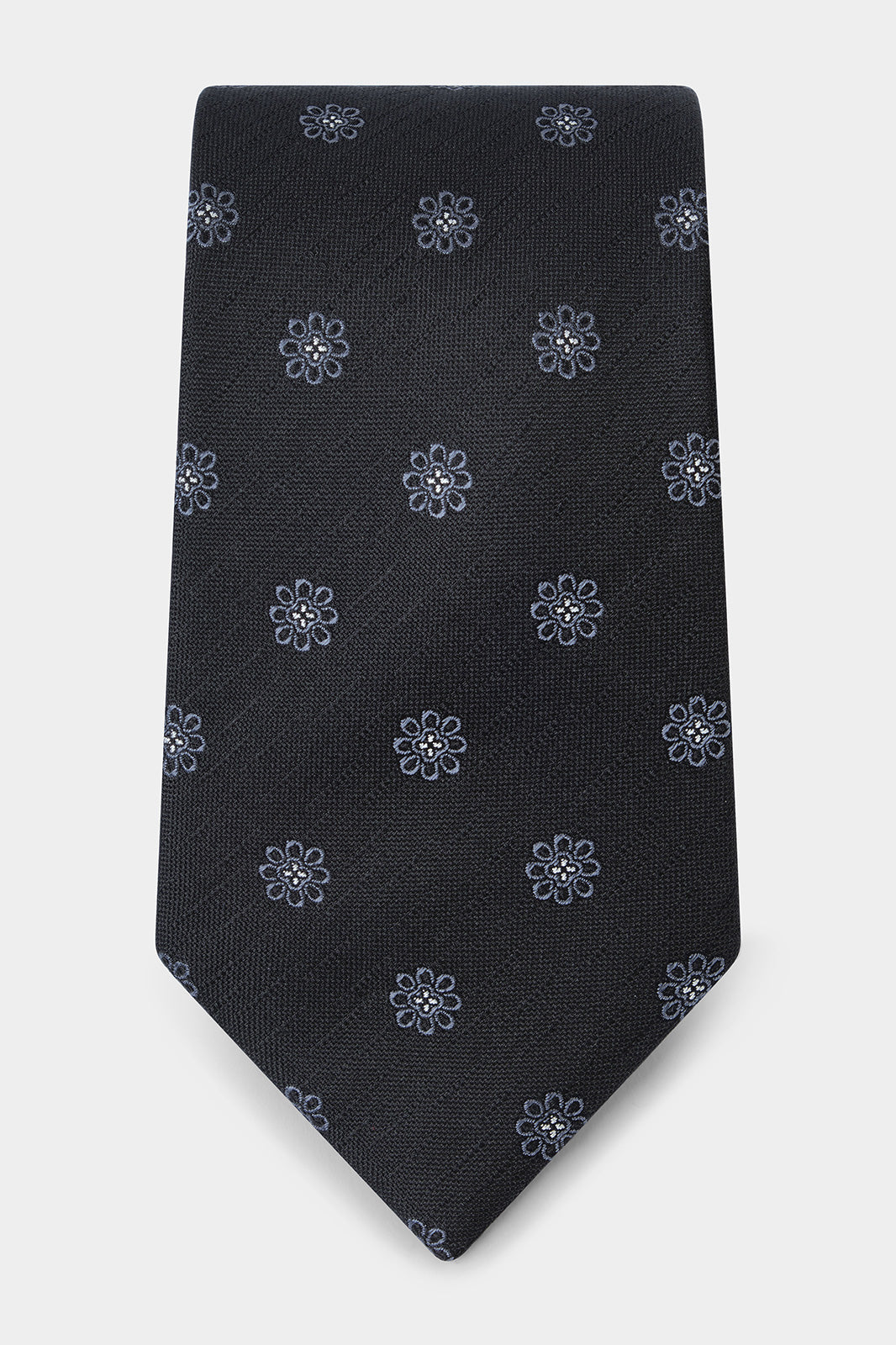 Cravate 100% soie - Noir à motif fleurs grises