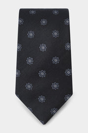 Cravate 100% soie - Noir à motif fleurs grises