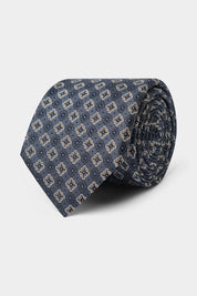 Cravate 100% soie - Grisé à motifs fleurs beiges et pois bleues