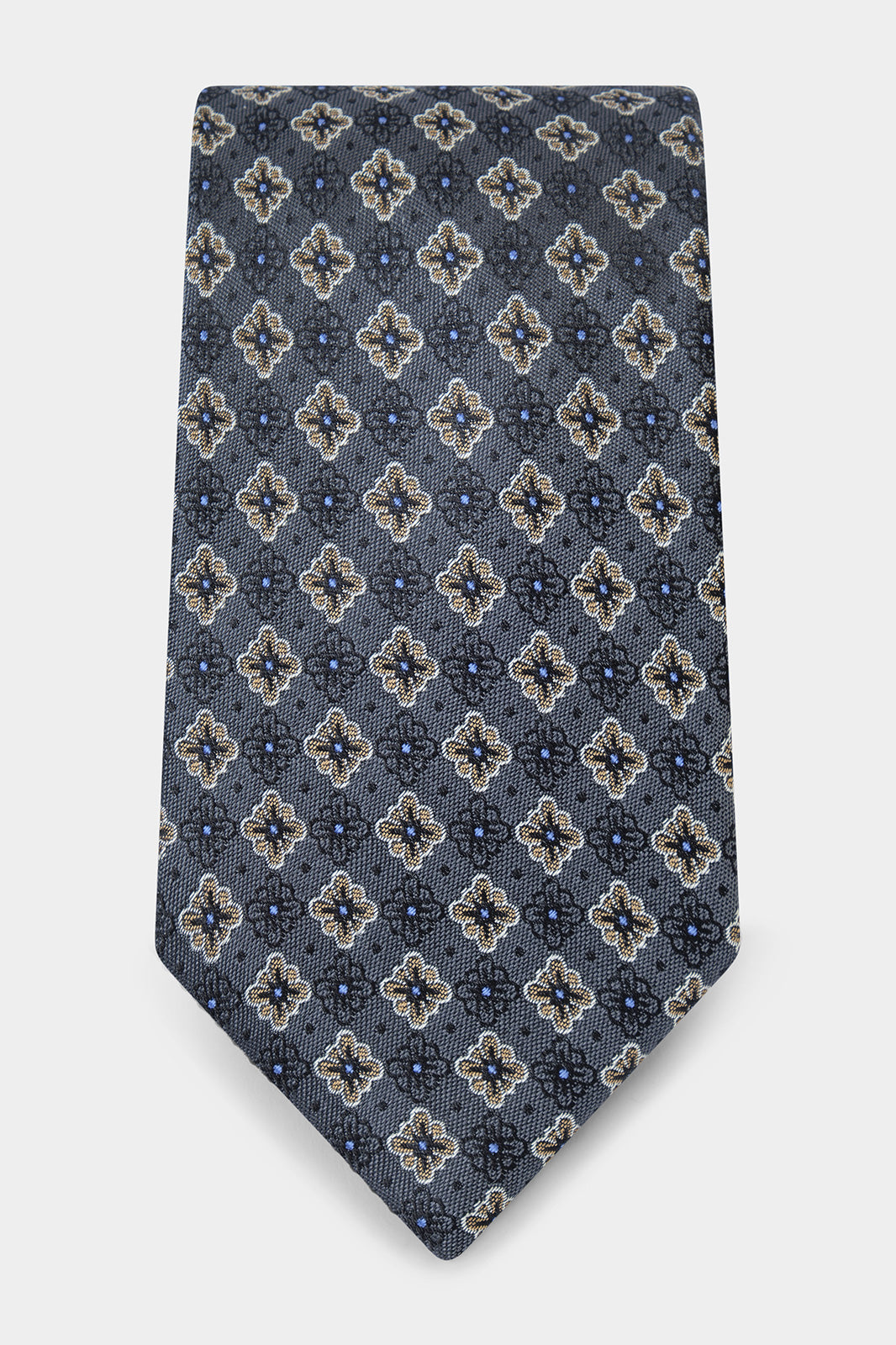 Cravate 100% soie - Grisé à motifs fleurs beiges et pois bleues