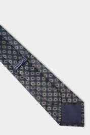 Cravate 100% soie - Grisé à motifs fleurs beiges et pois bleues