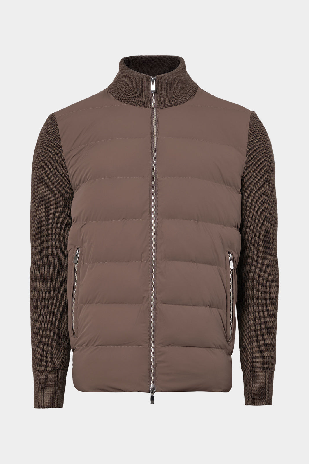 Vue sur fond blanc d'un blouson zippé col montant bi-matière en noisette 