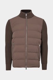 Vue sur fond blanc d'un blouson zippé col montant bi-matière en noisette 