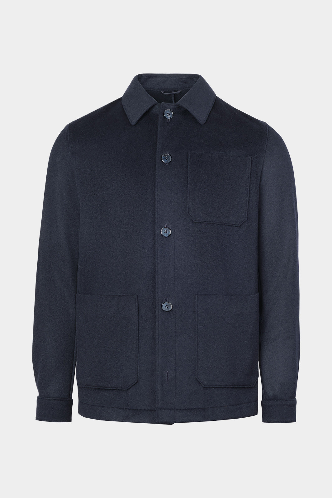 Vue sur fond blanc d'un blouson worker en marine en laine, cachemire et polyester.