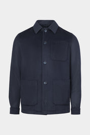 Vue sur fond blanc d'un blouson worker en marine en laine, cachemire et polyester.