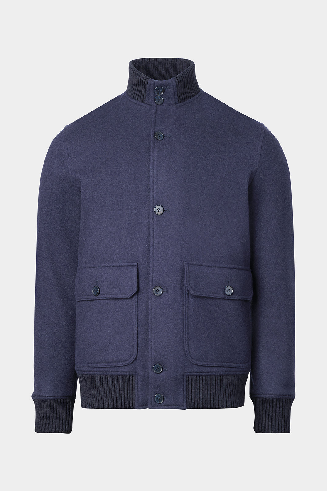 Vue sur fond blanc d'un blouson collège flanelle en laine et cachemire en marine