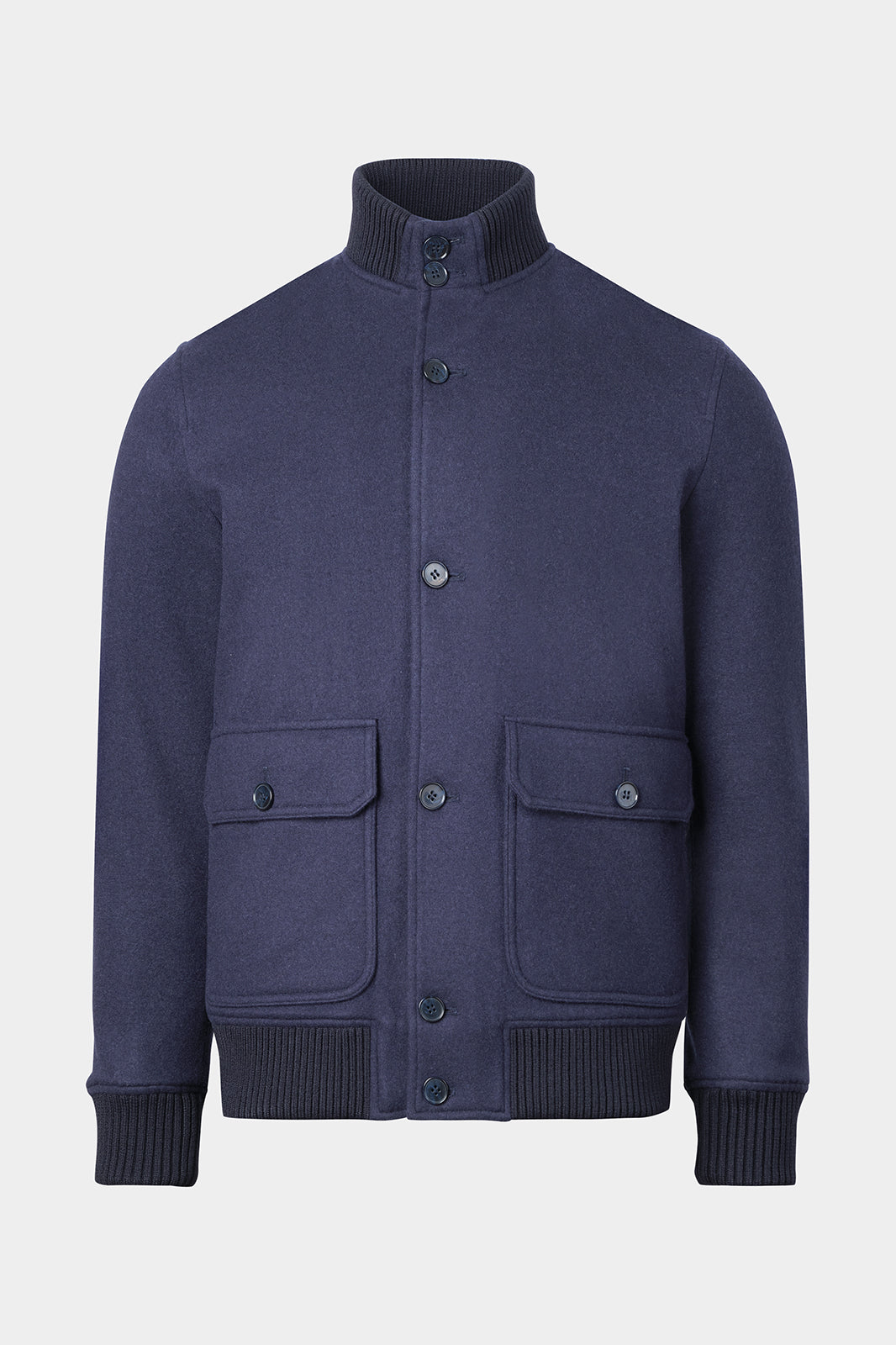 Vue sur fond blanc d'un blouson collège flanelle en laine et cachemire en marine