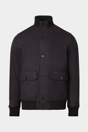 Vue sur fond blanc d'un blouson en flanelle composé de laine et cachemire noir