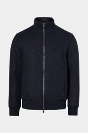 Vue sur fond blanc d'un blouson en jersey de laine fourré synthétique en marine