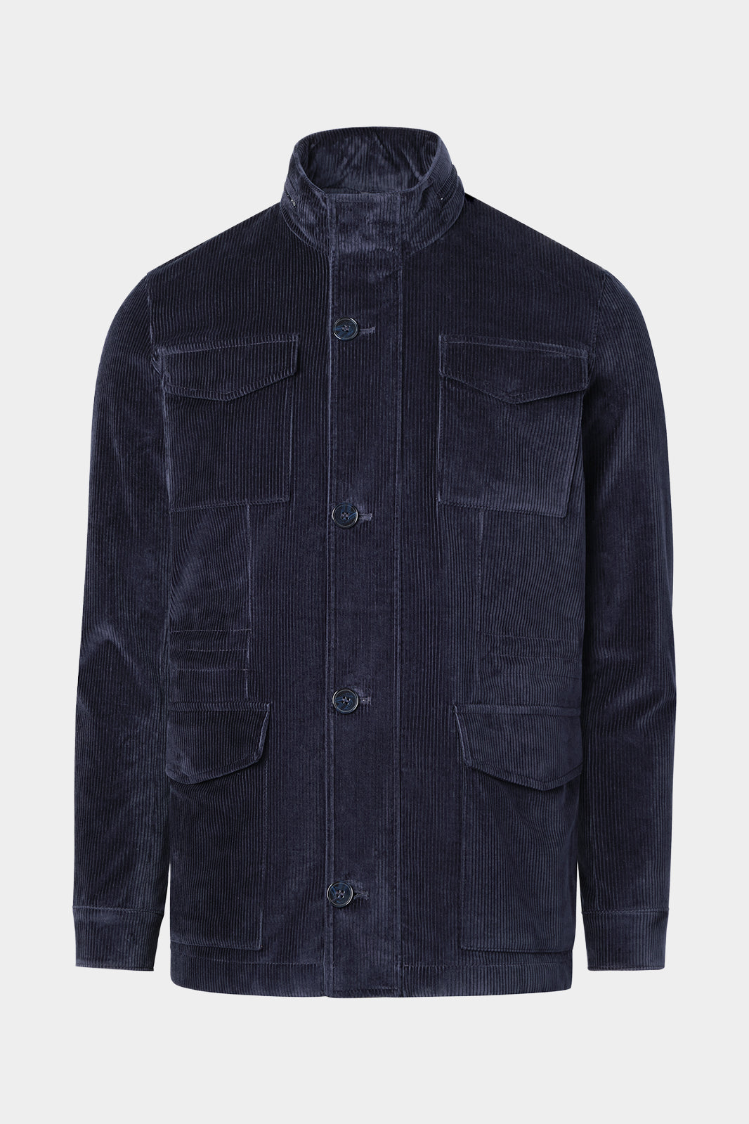 Vue sur fond blanc d'un parka Saharienne velours côtelé en marine en coton et élasthanne pour Hommes.