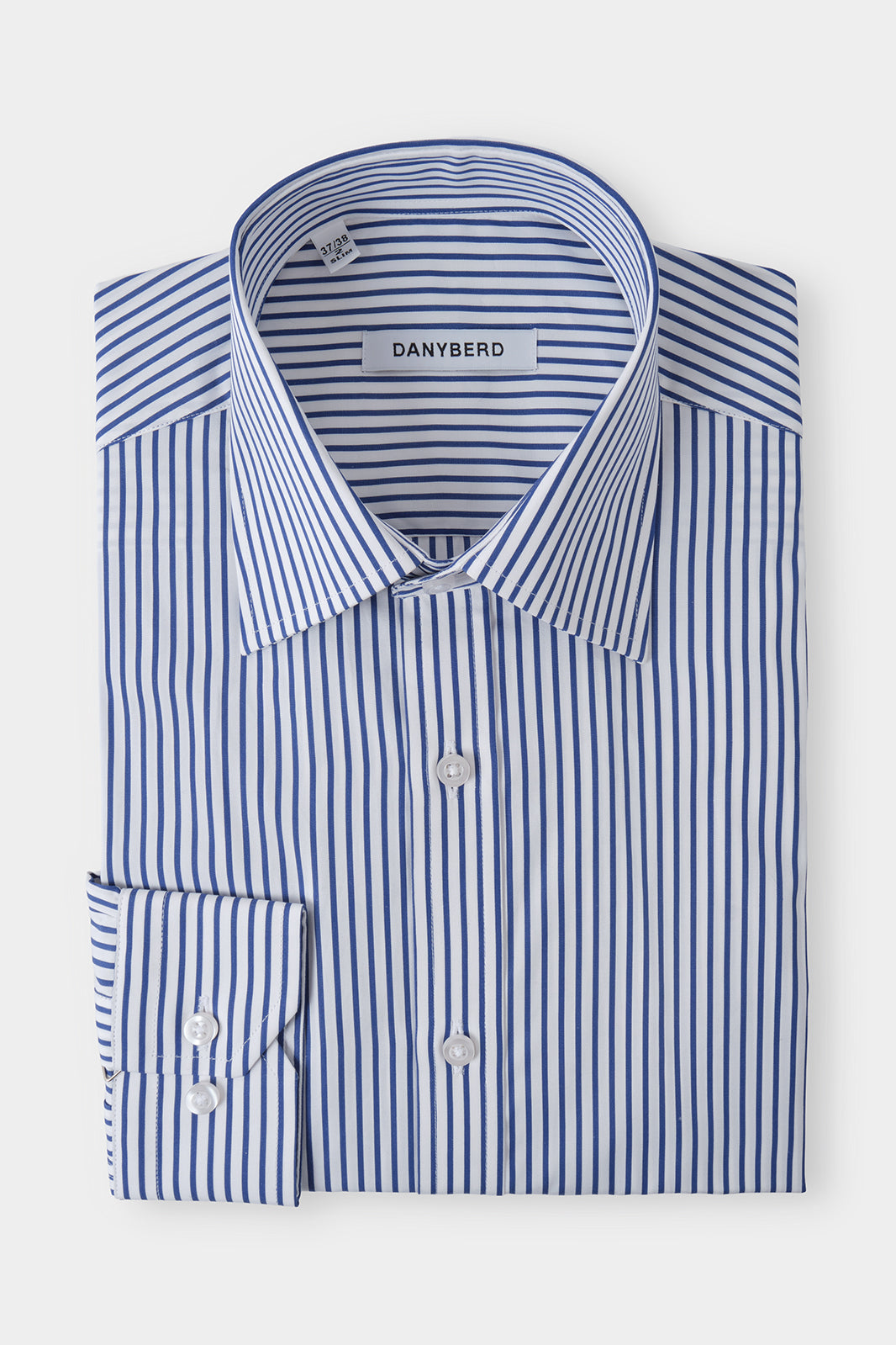 Chemise cintrée grand col plongeant à rayures couleur blanche et marine 