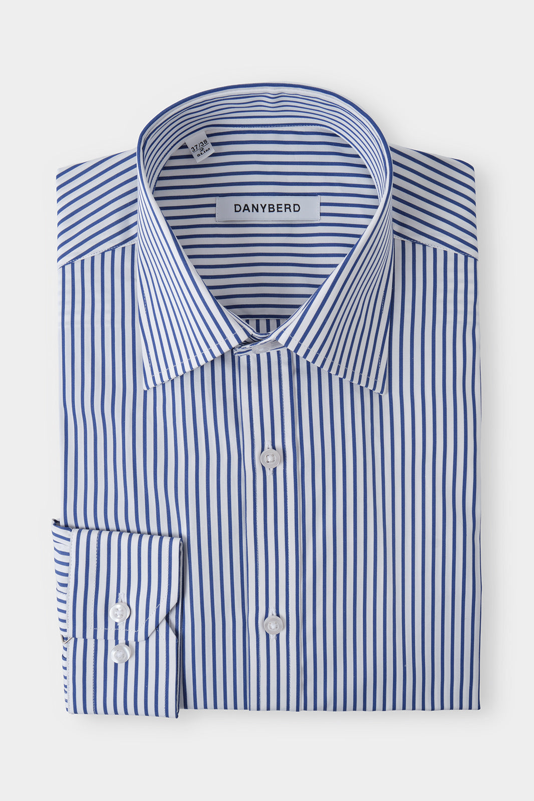 Chemise cintrée grand col plongeant à rayures couleur blanche et marine 