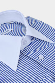 Chemise grand col en pointe - Blanche à rayures marine
