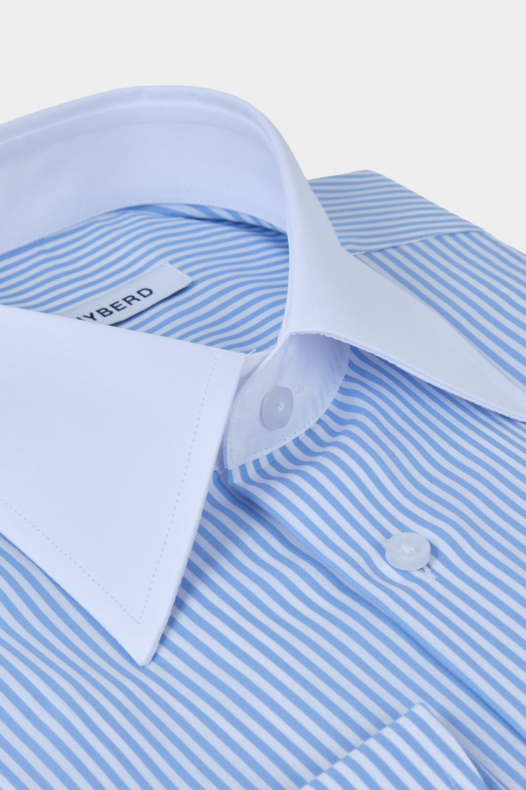 Chemise grand col en pointe - Blanche à rayures bleu