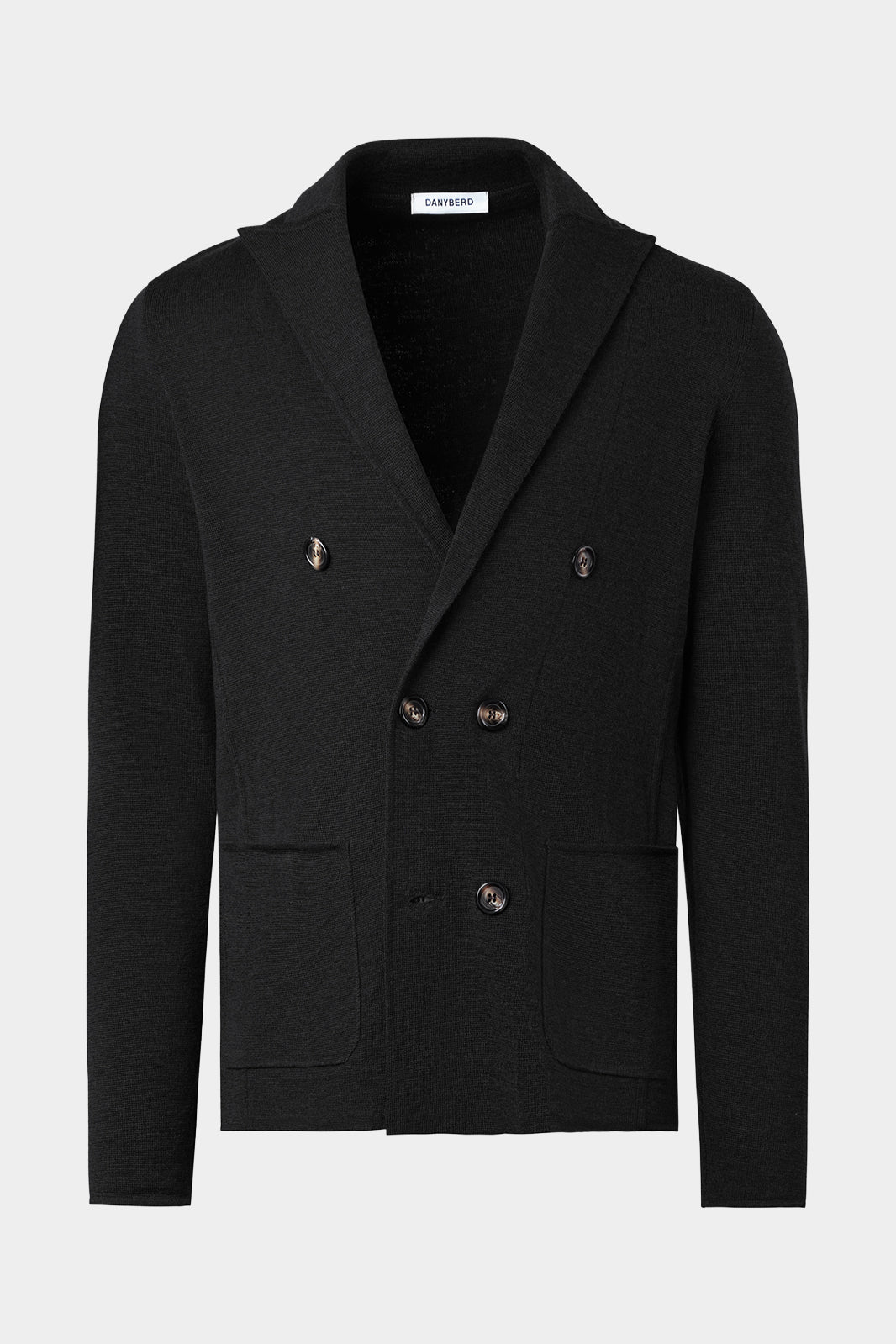 Vue sur fond blanc d'un blazer croisé Pise en noir en 100% laine.