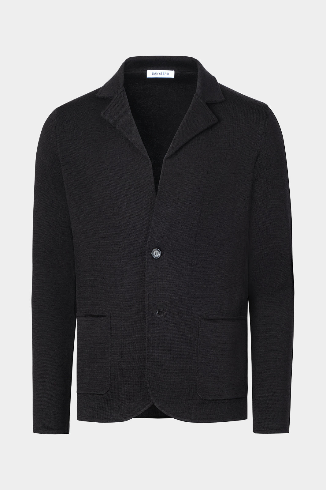 Vue sur fond blanc d'une veste en maille noir 100% laine d'Italie.