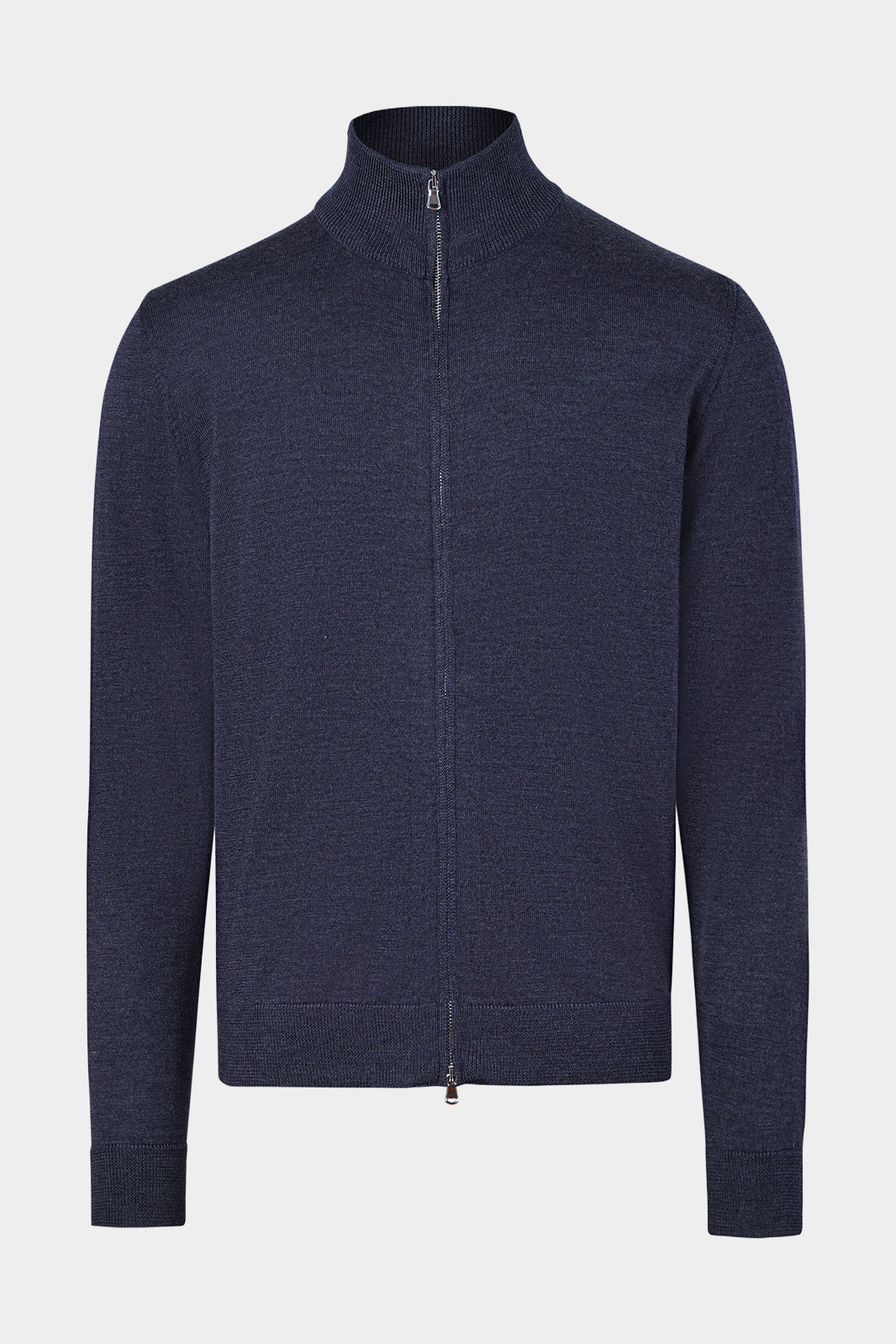 Vue sur fond blanc d'un cardigan zippé en laine en marine 