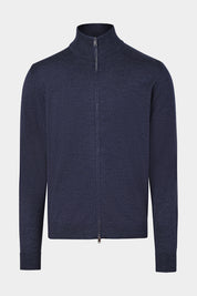 Vue sur fond blanc d'un cardigan zippé en laine en marine 