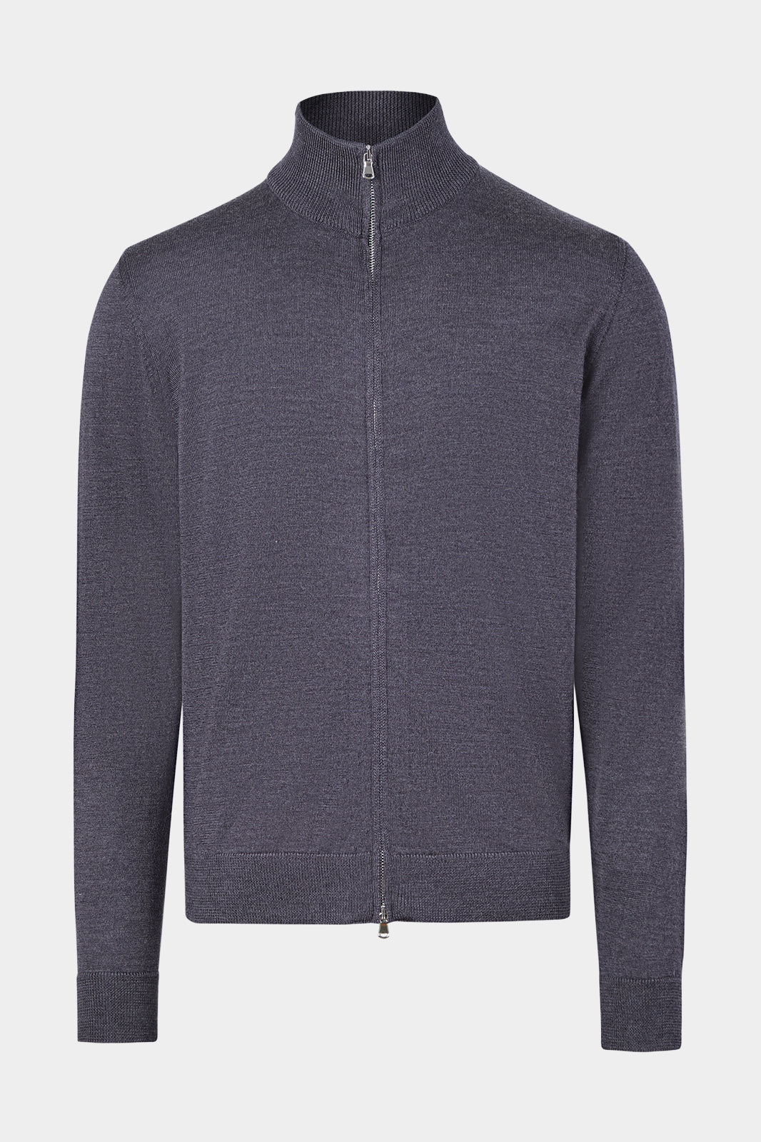 Vue sur fond blanc d'un cardigan zippé en laine en gris anthracite