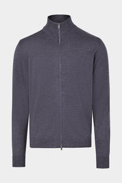 Vue sur fond blanc d'un cardigan zippé en laine en gris anthracite
