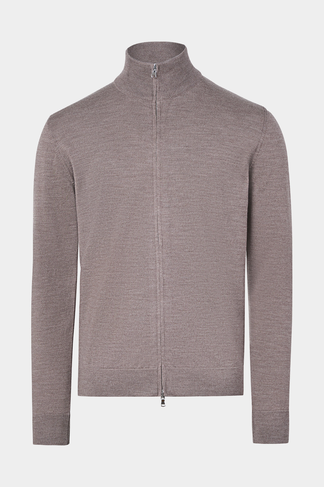 Vue sur fond blanc d'un cardigan zippé en laine en taupe