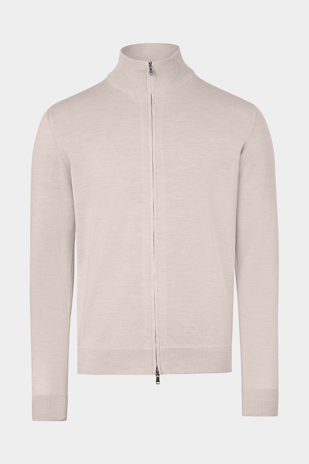 Vue sur fond blanc d'un cardigan zippé en laine en beige