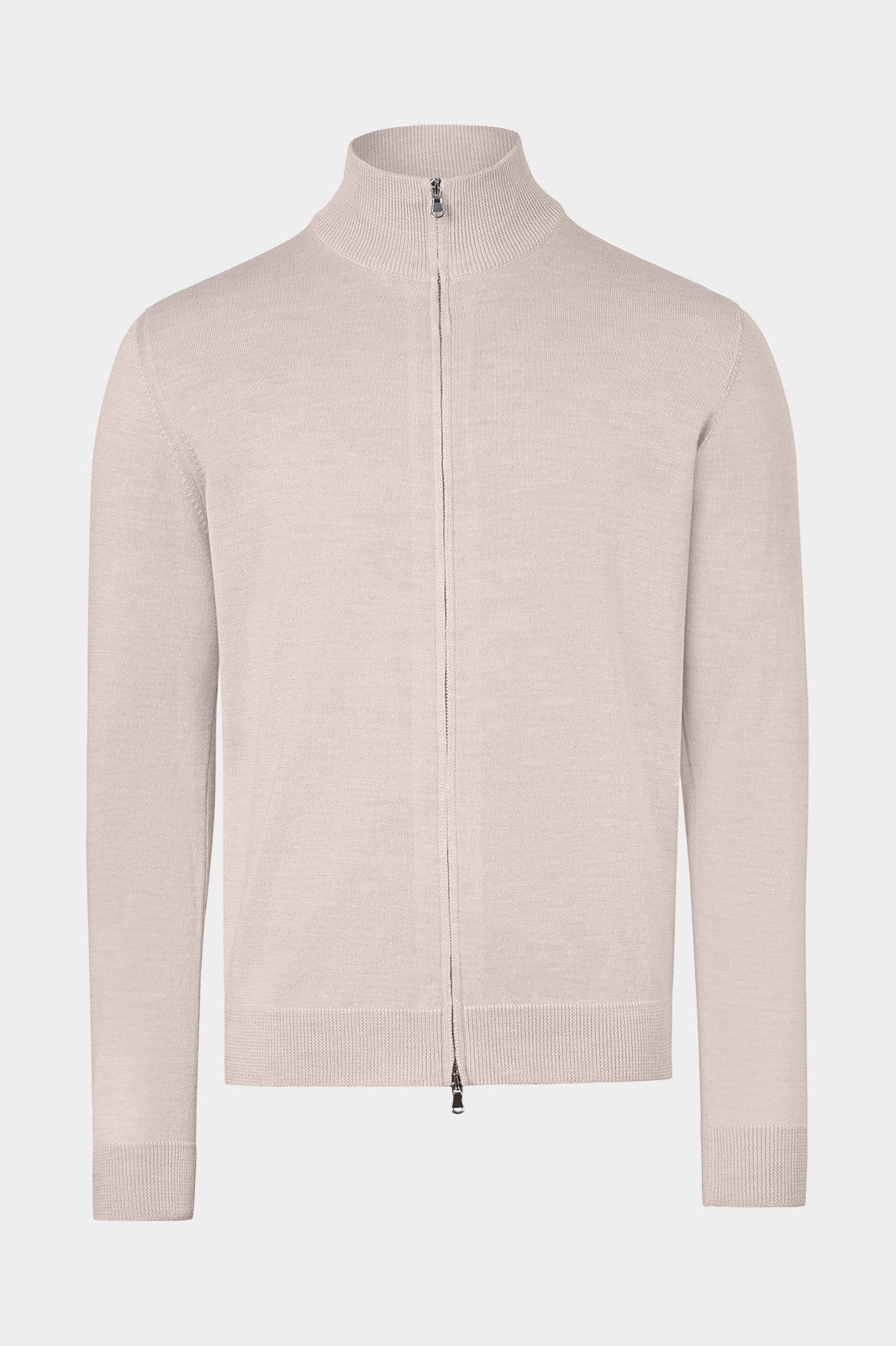 Vue sur fond blanc d'un cardigan zippé en laine en beige