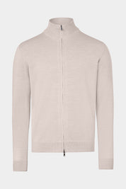 Vue sur fond blanc d'un cardigan zippé en laine en beige