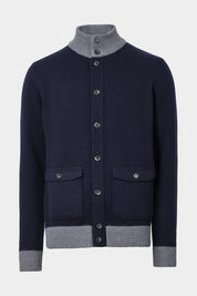Vue sur fond blanc d'un cardigan en laine et cachemire bicolore marine et Anthracite