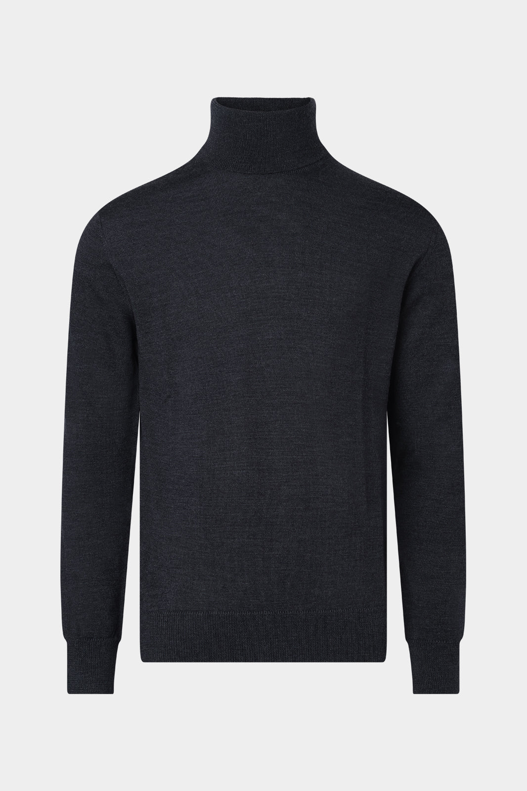 Vue de face sur fond blanc un pull col roulé gris anthracite en laine mérinos avec bords côtes