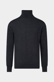 Vue de face sur fond blanc un pull col roulé gris anthracite en laine mérinos avec bords côtes