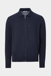 Vue sur fond blanc d'un gilet zippé en laine et cachemire marine