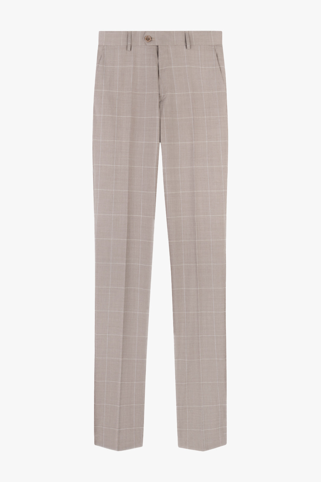 Pantalon de costume beige à carreaux avec une coupe droite traditionnelle. 