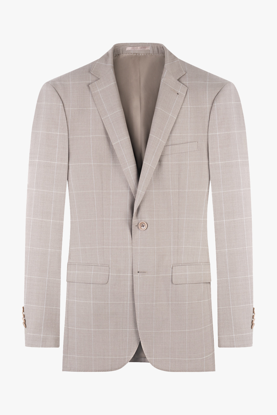Une veste de costume beige à carreaux cintrée avec des revers fins et  avec 2 poches à rabat.