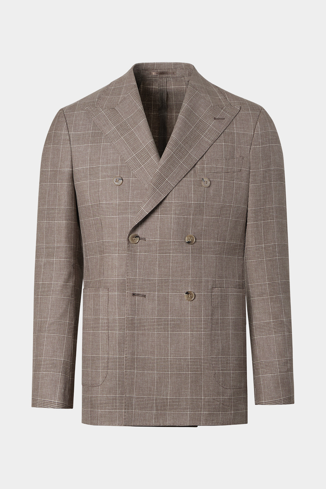 Vue sur fond blanc d'un Blazer croisé Prince de Galles - Taupe sur un tissu italien en 100% laine de chez Vitale Barberis Canonico.