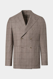 Vue sur fond blanc d'un Blazer croisé Prince de Galles - Taupe sur un tissu italien en 100% laine de chez Vitale Barberis Canonico.