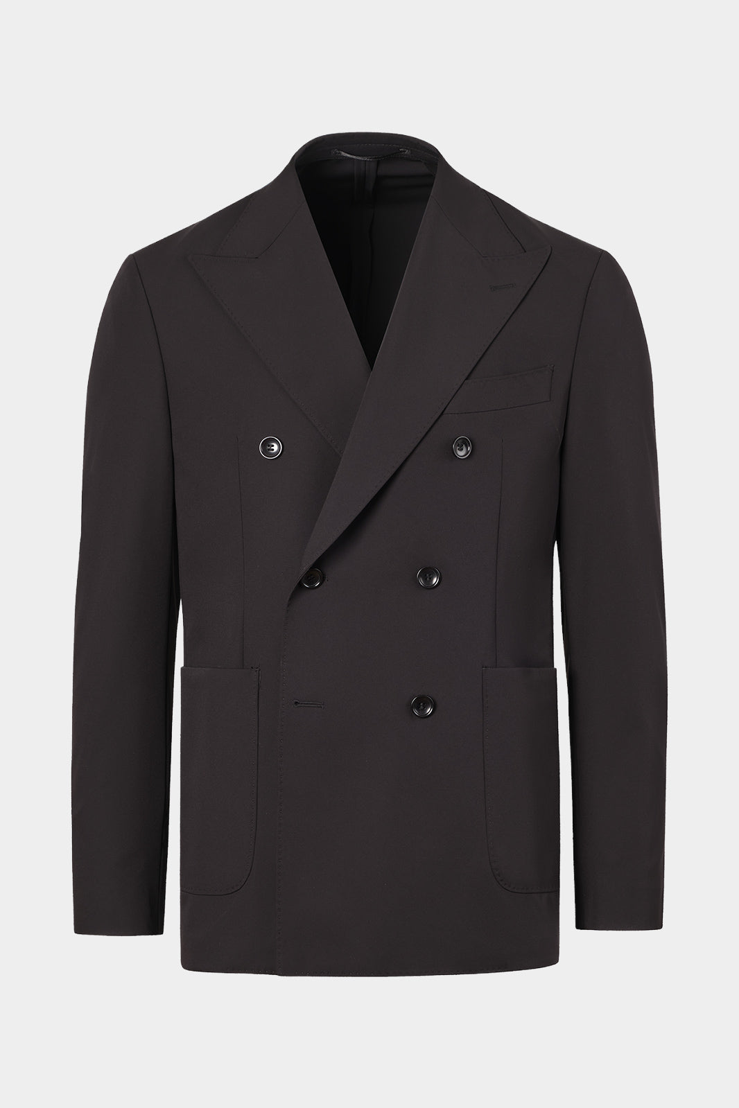 Vue sur fond blanc d'une veste de costume croisé Bon couleur uni noir.
