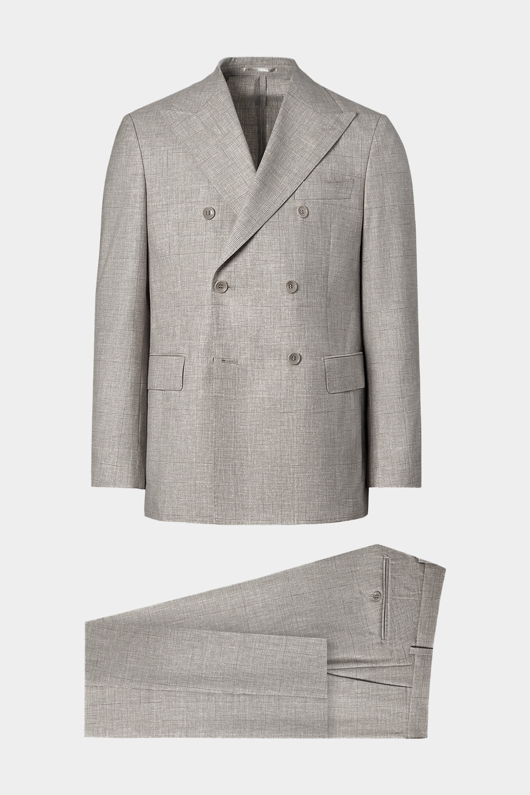 Vue sur fond blanc d'un costume croisé  à motif Prince de Galles couleur Gris clair sur un tissu en 100% laine d'Italie.