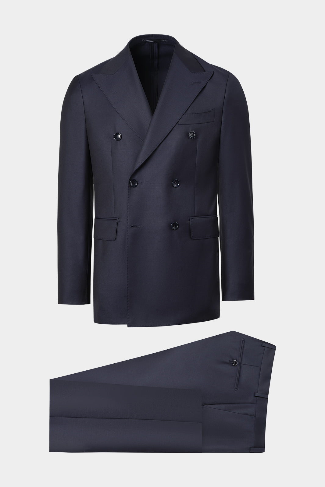 Vue sur fond blanc d'un costume croisé Reda couleur marine en 100% laine d'Italie de chez Reda.