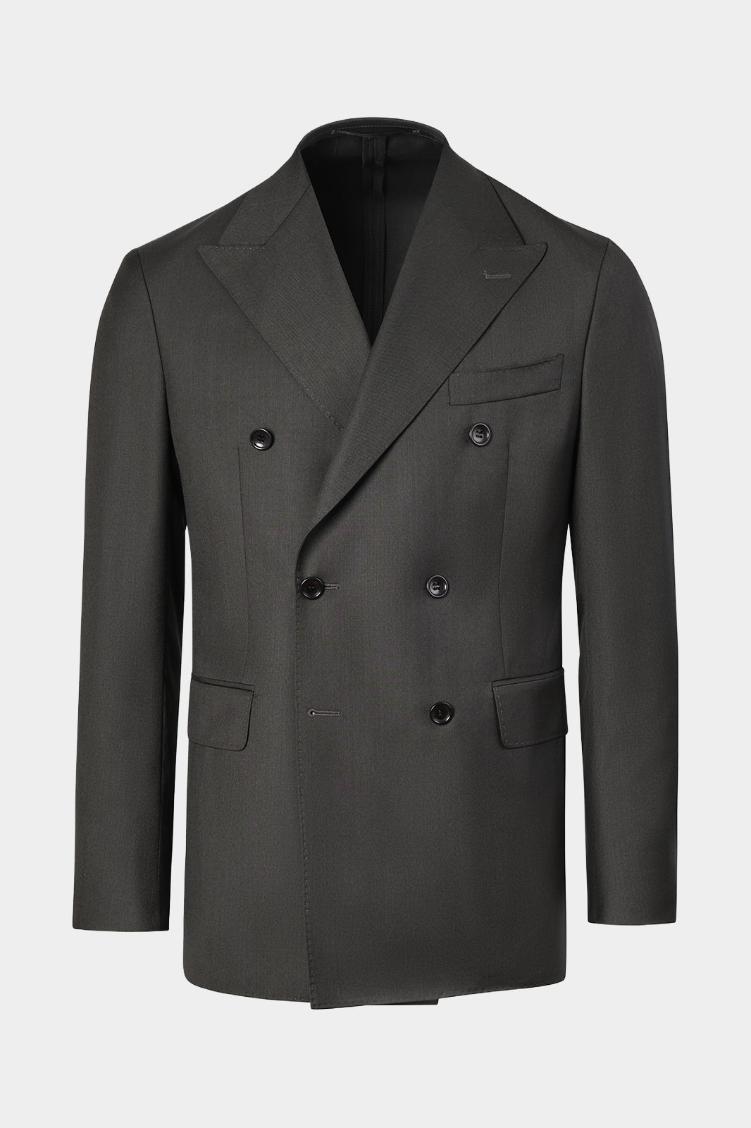 Vue sur fond blanc d'une veste de costume croisé couleur uni noir, sur un tissu en 100% laine de chez Vitale Barberis Canonico